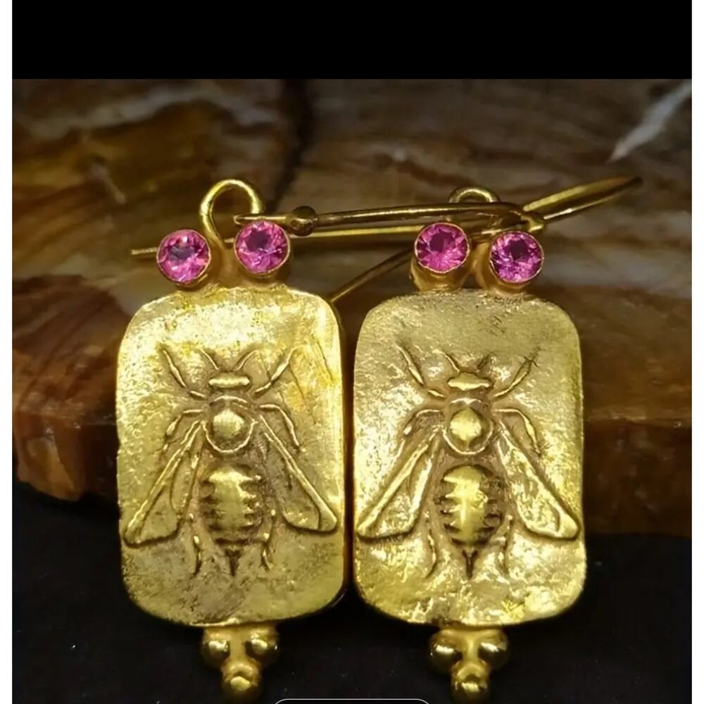 Intaglio Golden Bee Earrings Antique Greek Roman Coin Zeus